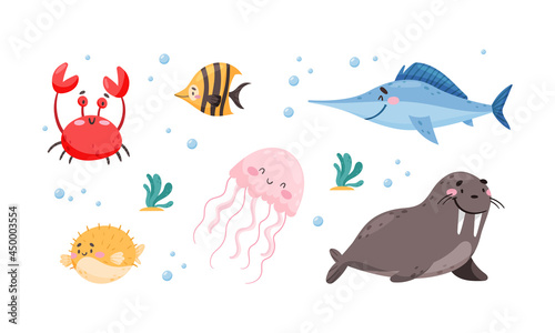 Sea Animals with Crab and Blowfish Floating Underwater Vector Set