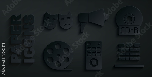 Set Remote control, CD or DVD disk, Film reel, Cinema auditorium with seats, Megaphone and Comedy and tragedy masks icon. Vector