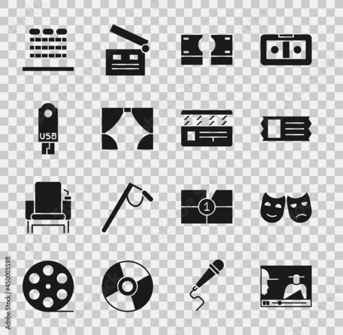 Set Online play video, Comedy and tragedy masks, Cinema ticket, Stacks paper money cash, Curtain, USB flash drive, auditorium with seats and Movie clapper icon. Vector