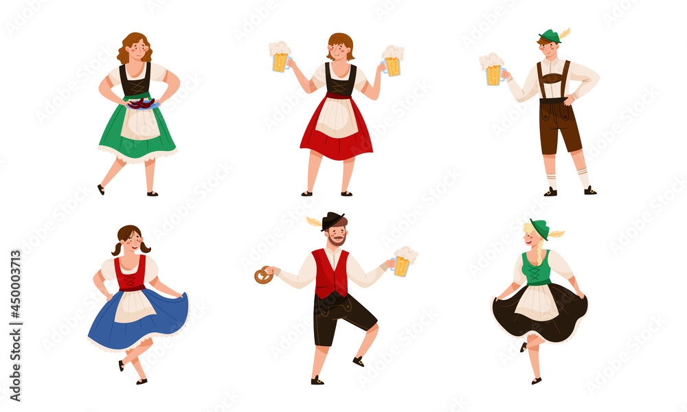 People Characters in Traditional Bavarian Costumes Carrying Beer Mug and Dancing Vector Illustration Set