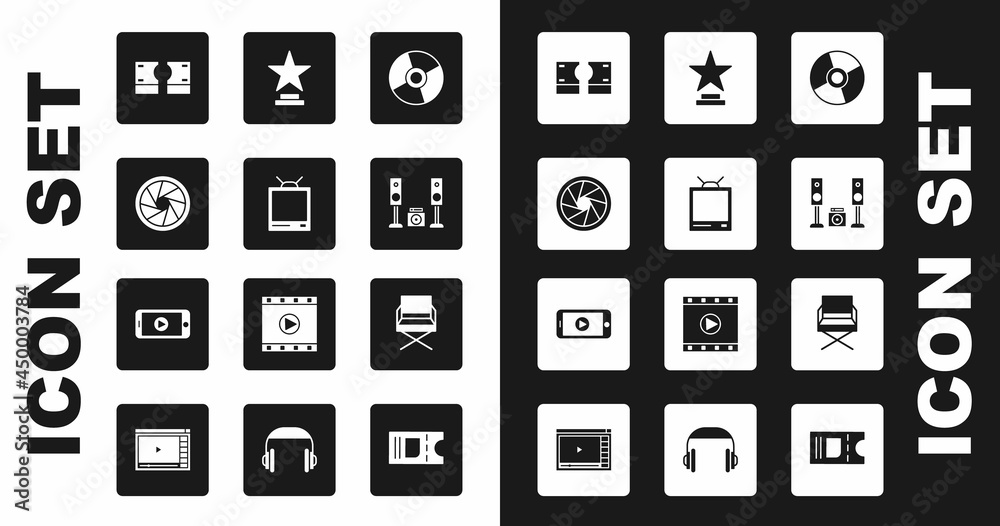 Set CD or DVD disk, Retro tv, Camera shutter, Stacks paper money cash, Home stereo with two speakers, Movie trophy, Director movie chair and Online play video icon. Vector