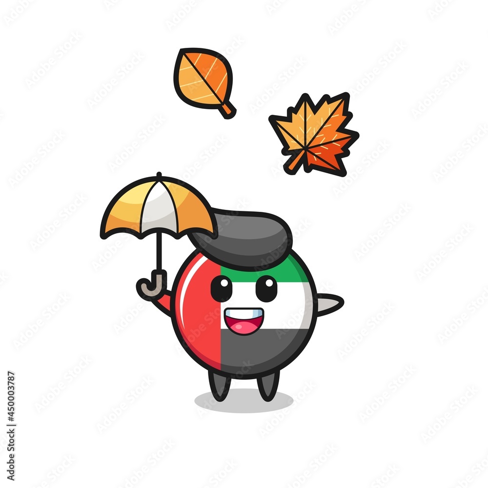 cartoon of the cute uae flag badge holding an umbrella in autumn cartoon of the cute uae flag badge holding an umbrella in autumn