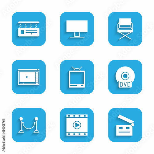 Set Retro tv, Play Video, Movie clapper, CD or DVD disk, Rope barrier, Online play video, Director movie chair and icon. Vector