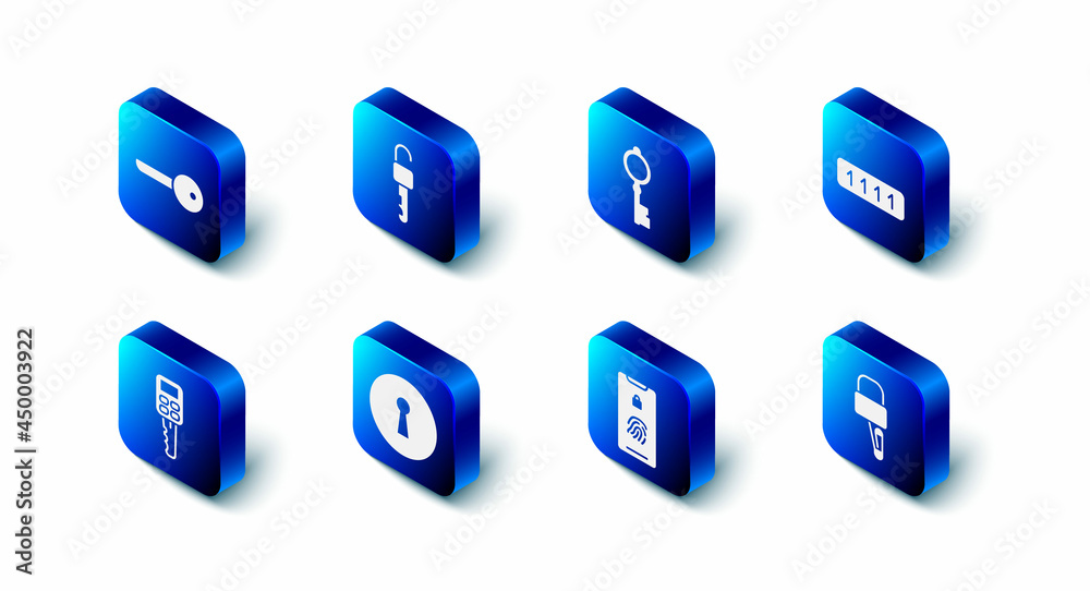 Set Unlocked key, Old, Password protection, Lock picks for picking, Mobile with fingerprint scan, Keyhole, Car remote and icon. Vector