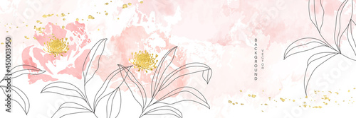 minimal background in pink flowers and tropical summer leaf with golden metallic texture gallery wall art vector 