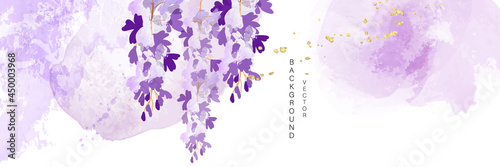 minimal background in purple wisteria flowers and tropical summer leaf with golden metallic texture gallery wall art vector 
