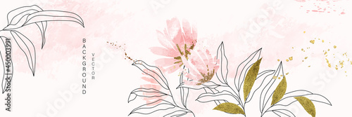 minimal background in pink flowers and tropical summer leaf with golden metallic texture gallery wall art vector 