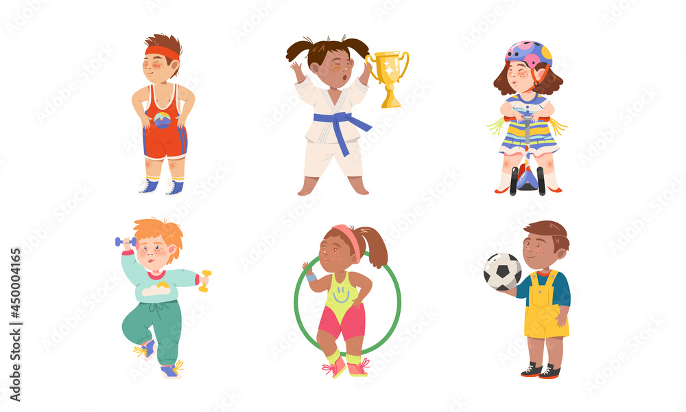 Cute Kids Athlete Riding Scooter, Playing Football and Doing Karate Vector Illustration Set Cute Kids Athlete Riding Scooter, Playing Football and Doing Karate Vector Illustration Set