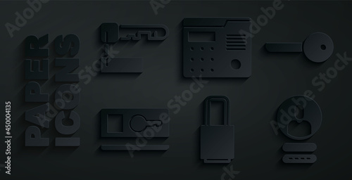Set Lock, Key, card, Create account screen, House intercom system and Marked key icon. Vector