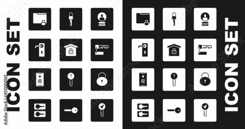 Set Create account screen, House under protection, Door handle, Folder lock, Marked key, Locked, and Mobile with fingerprint scan icon. Vector