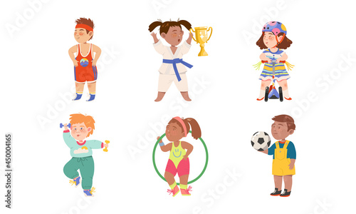 Cute Kids Athlete Riding Scooter  Playing Football and Doing Karate Vector Illustration Set