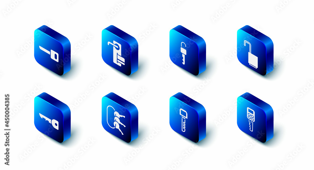 Set Digital door lock, Unlocked key, Open padlock, Car with remote, Key, Bunch of keys, and icon. Vector