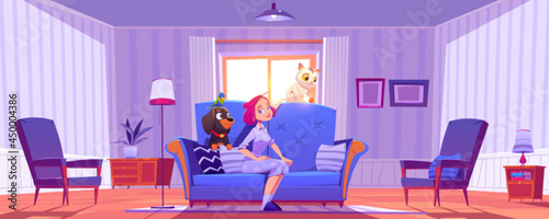 Woman sit on couch with home pets