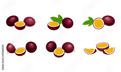 Round Dark Purple Passion Fruit with Juicy Flesh Containing Numerous Seeds Vector Set