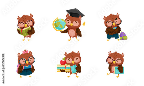 Funny Owl in Glasses Holding Globe and Reading Book Vector Set