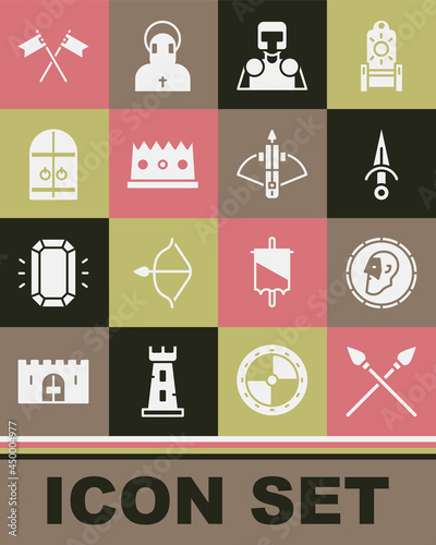 Set Crossed medieval spears, Ancient coin, Dagger, Medieval knight, King crown, castle gate, flag and Battle crossbow with arrow icon. Vector