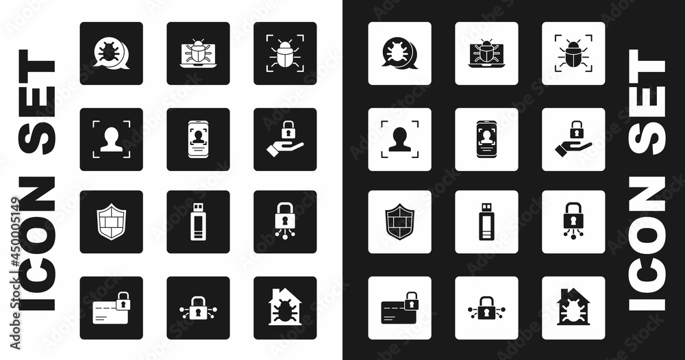 Set System bug, Mobile and face recognition, Face, Lock in hand, monitor, Cyber security and Shield with brick wall icon. Vector Set System bug, Mobile and face recognition, Face, Lock in hand, monitor, Cyber security and Shield with brick wall icon. Vector