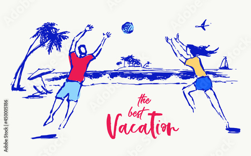 Girl guy play volleyball beach vector vacation