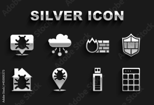 Set System bug, Shield with brick wall, Password protection, USB flash drive, House system, Firewall, security, and Internet of things icon. Vector