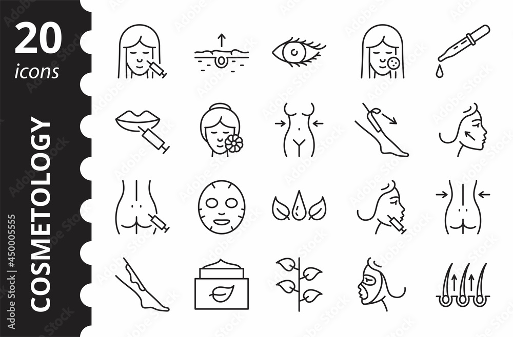 Naklejka premium Cosmetology related line icons set. Skin care, body weight, epilation. Simple outline vector symbols. Editable strokes.