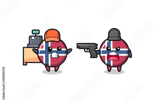 illustration of the cute norway flag badge as a cashier is pointed a gun by a robber