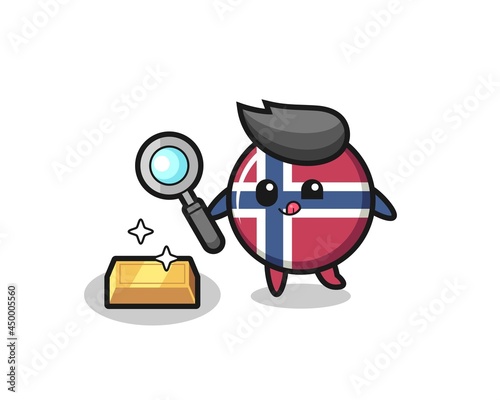 norway flag badge character is checking the authenticity of the gold bullion