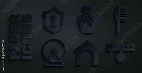 Set Dog house, Pets vial medical, Hamster wheel, Collar with name tag, shampoo and Animal health insurance icon. Vector