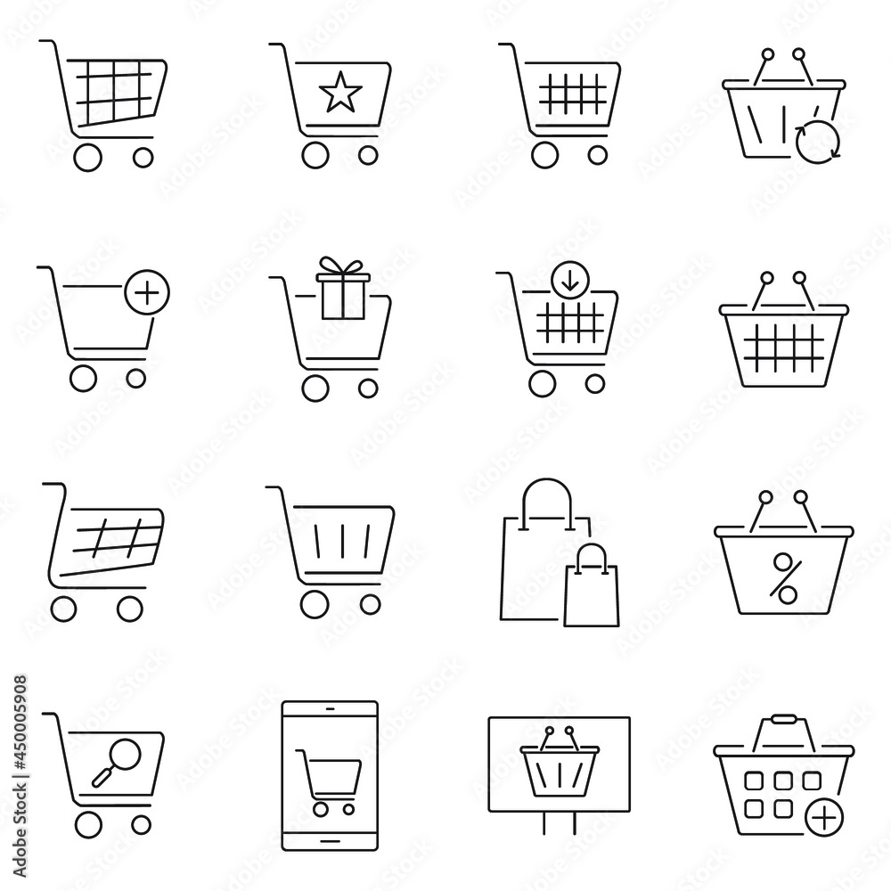 shopping baskets and carts icon set.  shopping baskets and carts pack symbol vector elements for infographic web