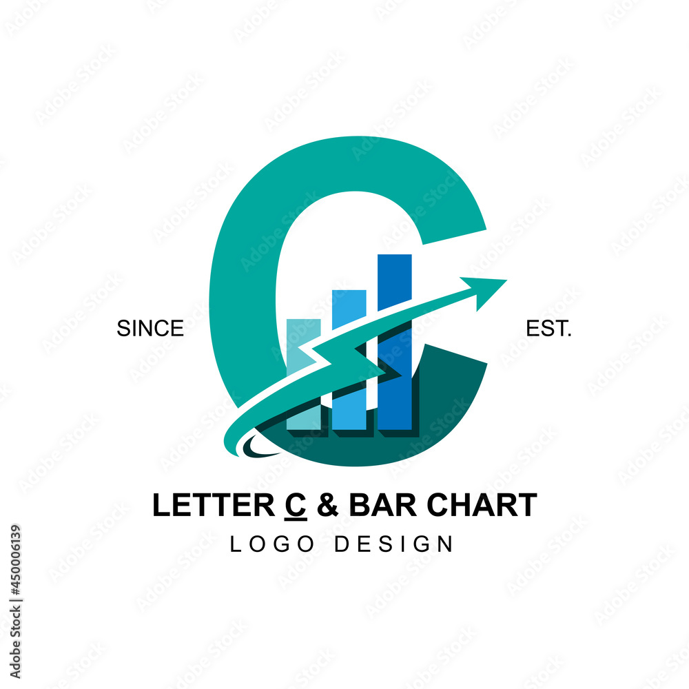 Obraz premium Modern and professional business logo initial letter C with swoosh thunderbolt arrow combining with bar chart