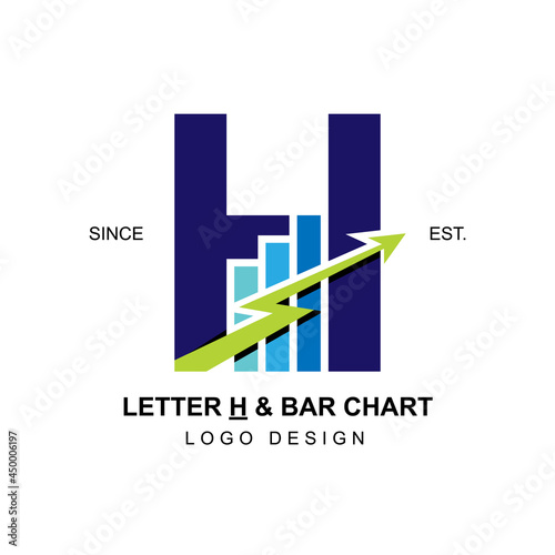 Modern and professional business logo initial letter H with swoosh thunderbolt arrow combining with bar chart