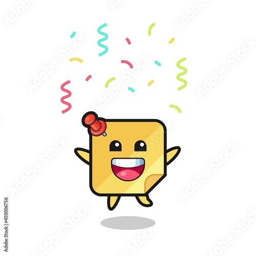 happy sticky notes mascot jumping for congratulation with colour confetti