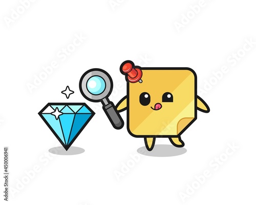 sticky notes mascot is checking the authenticity of a diamond
