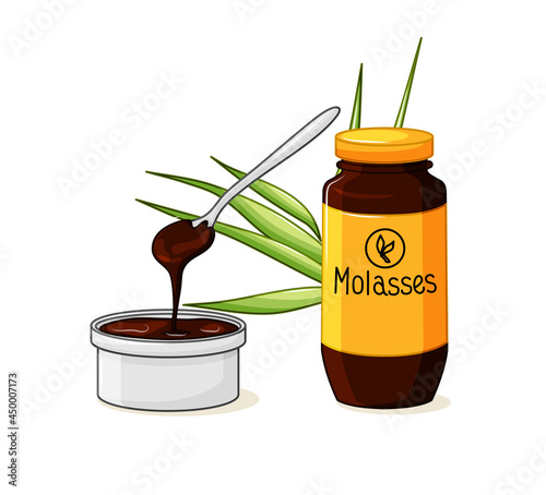 Molasses bottle. A product made from sugar cane. A bowl with a spoon and syrup on a white isolated background. Vector illustration