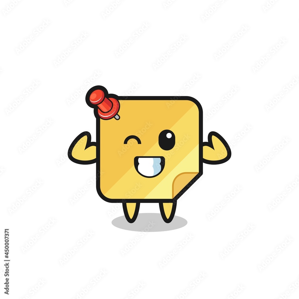 the muscular sticky notes character is posing showing his muscles