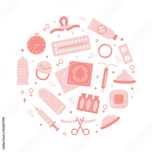 Birth control methods card. Contraception colored flat icons in circle. Set of vector elements for safe sex. Female and male contraceptive items. Vector flat style illustration.
