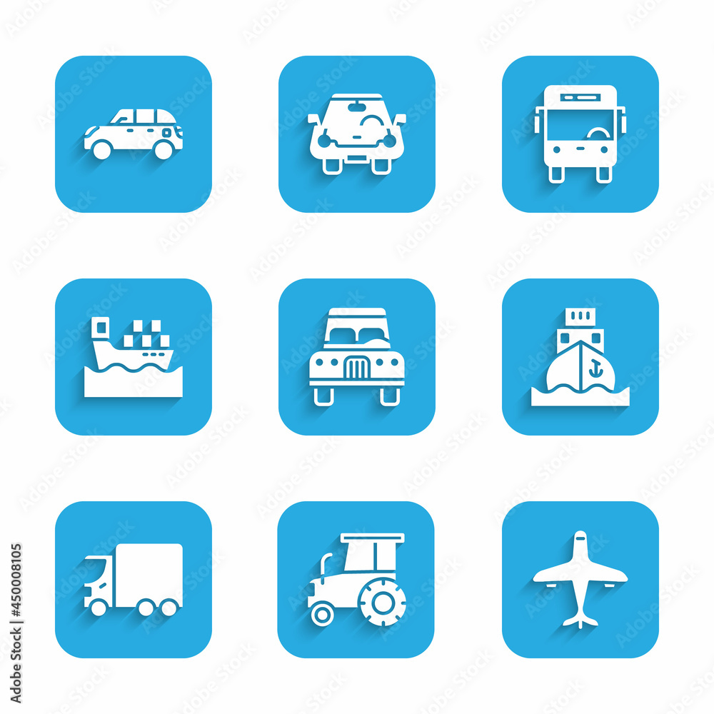 Set Car, Tractor, Plane, Cargo ship, Delivery cargo truck, with boxes, Bus and Hatchback icon. Vector