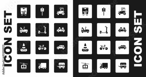 Set Tractor, Scooter, Tow truck, Bus, Delivery, Parking, Hatchback car and Traffic cone icon. Vector