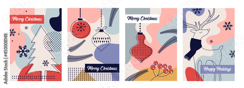 Winter landscapes, vertical banners and wallpaper for social media stories. Vector illustration in flat simple line art style - design templates with place for text. Merry Christmas greeting cards and