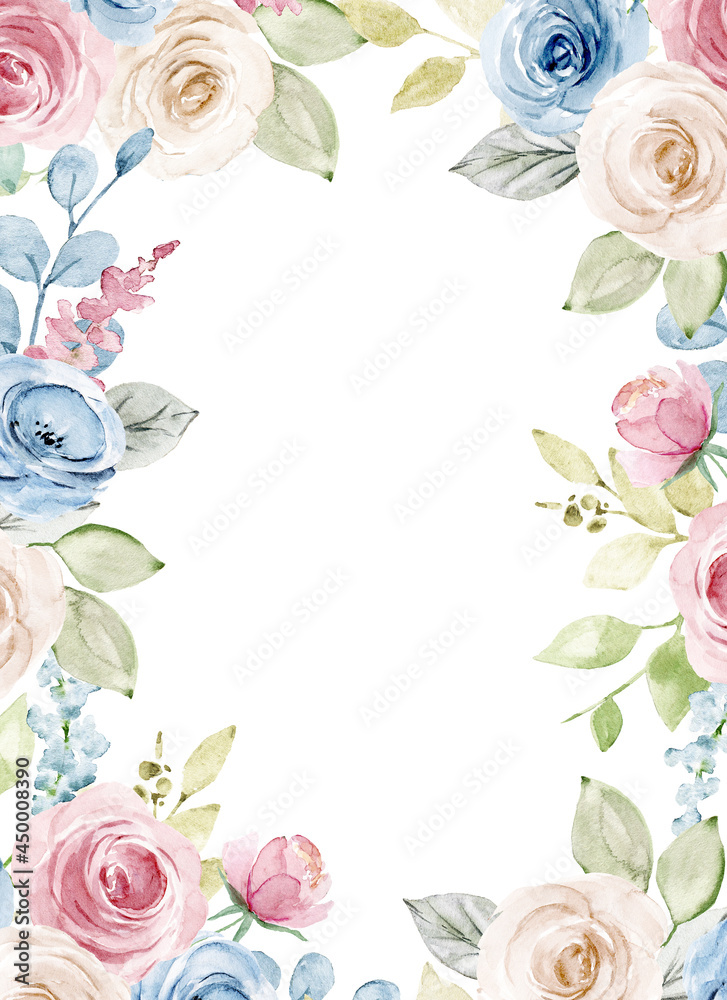 Watercolor flowers, floral frame for greeting card, invitation and other printing design. Isolated on white. Hand drawing.