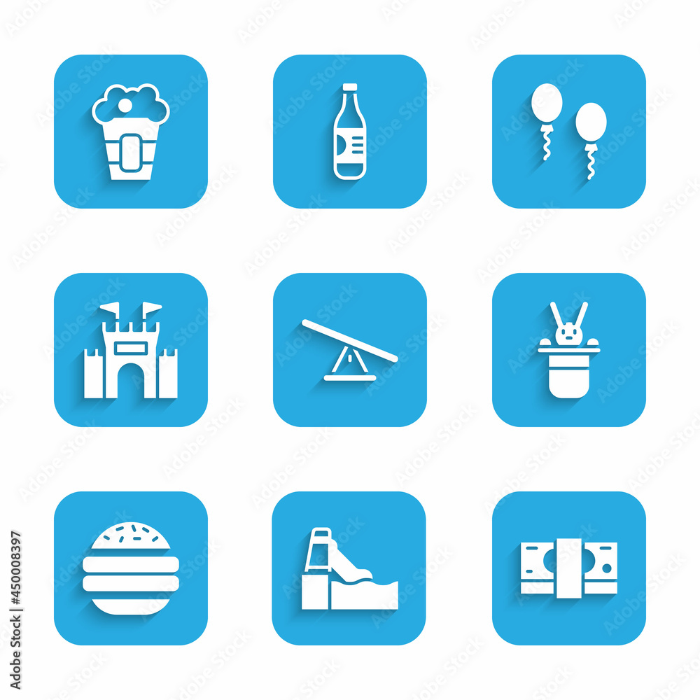 Set Seesaw, Water slide, Stacks paper money cash, Magician hat and rabbit, Burger, Castle, Balloons and Popcorn in box icon. Vector Set Seesaw, Water slide, Stacks paper money cash, Magician hat and rabbit, Burger, Castle, Balloons and Popcorn in box icon. Vector