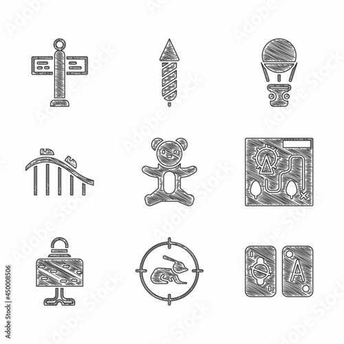 Set Teddy bear plush toy, Hunt on rabbit with crosshairs, Tarot cards, Amusement park map, Magic ball table, Roller coaster, Hot balloon and Road traffic signpost icon. Vector