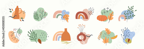 Set of clay vases with potted dry plants, leaves, branches with berries and abstract geometric shape. Autumn mood trendy boho design elements. Fall season organic minimal wall art. Vector illustration
