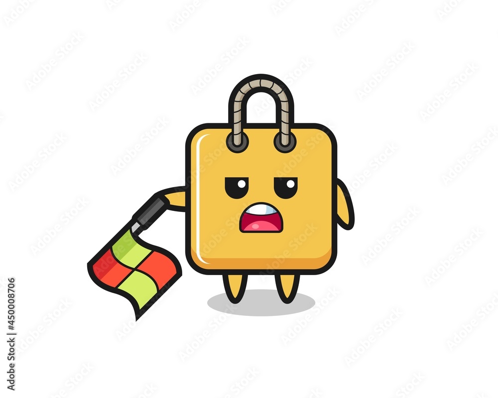 shopping bag character as line judge hold the flag down at a 45 degree angle