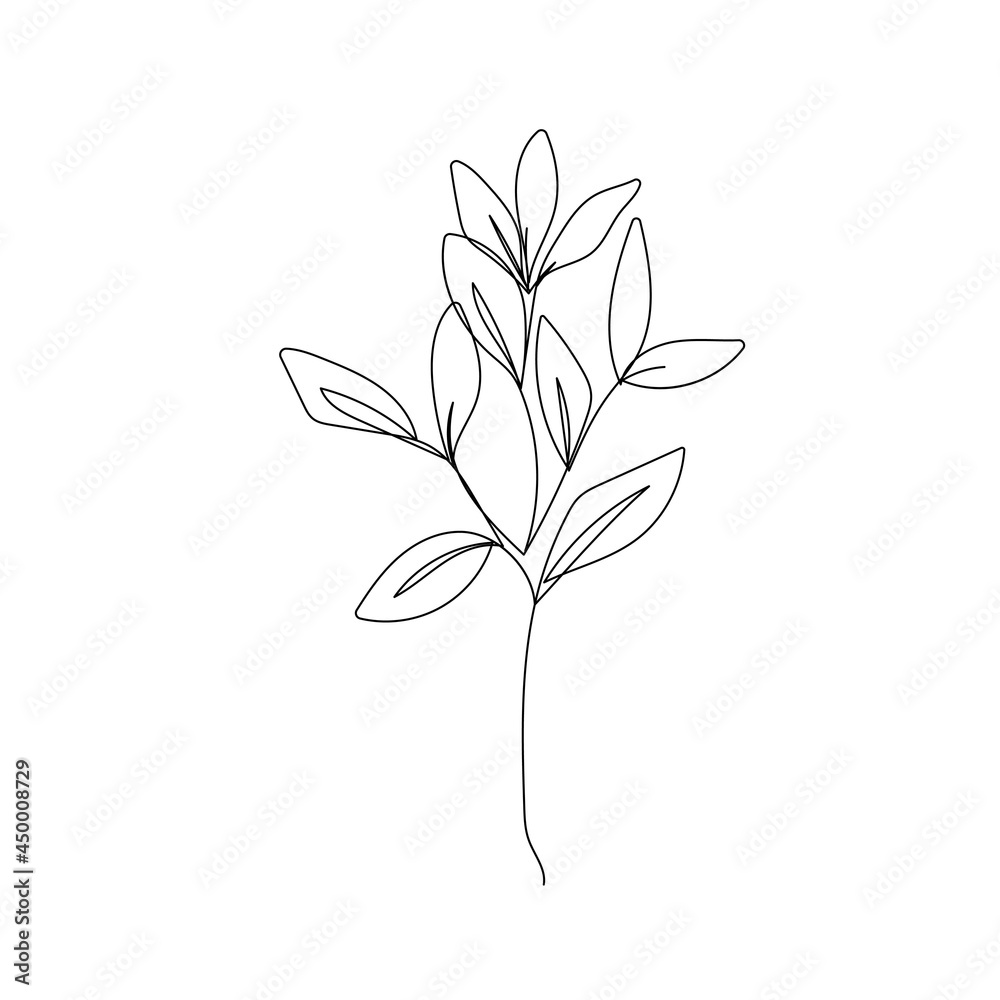 Obraz premium Botanical Line Art Drawing of Simple Leaves Branch. Minimal Abstract Floral Modern Art Illustration. Minimal Botanical Flower One Line Drawing. Vector EPS 10