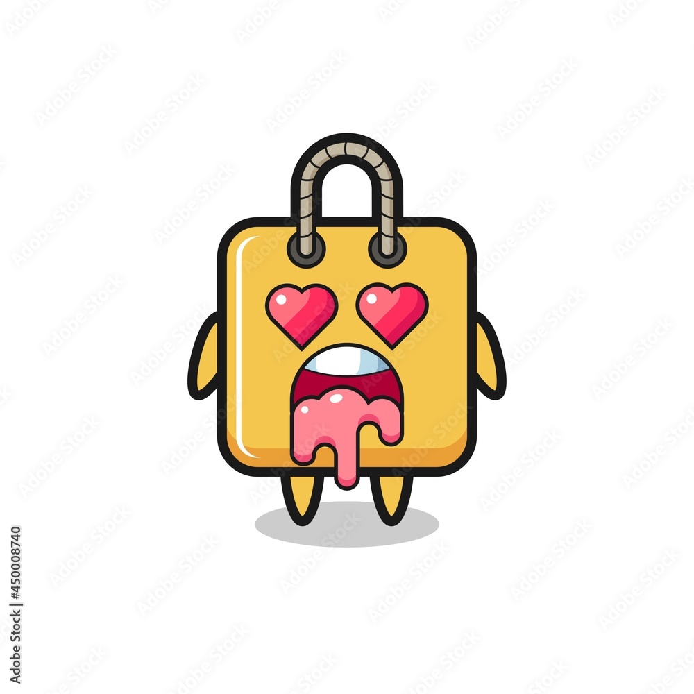 the falling in love expression of a cute shopping bag with heart shaped eyes
