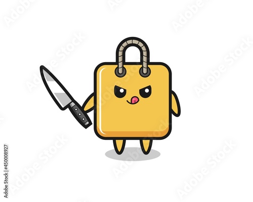 cute shopping bag mascot as a psychopath holding a knife