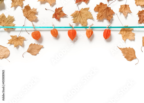 The garland is made of physalis boxes attached to a green ribbon with wooden clothespins. Nearby on a white background are dry yellow maple leaves. Minimalistic autumn concept. Flat lay. Copy space.