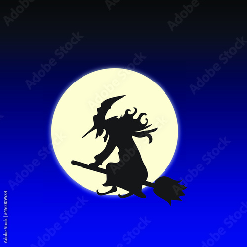 Witch on a broom flying over a moon. Full moon in the blue background.