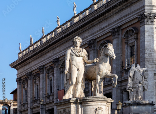 Statue of Pollux with his horse at Piazza del Campidoglio, the capitoline hill of Rome,