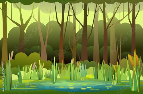 Beautiful Summer forest landscape. Swampy coast with cattails and reed. Flat style. Leaves of water lilies. Quiet river or lake. Wild overgrown pond on background of trees and bushes. Illustration